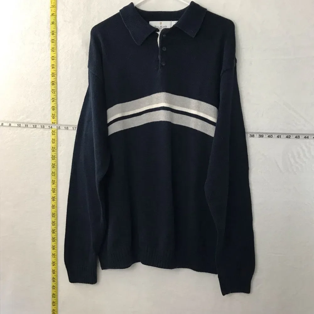 Vintage Bill Blass Menswear XXL Striped Navy Blue Knit Sweater Collared